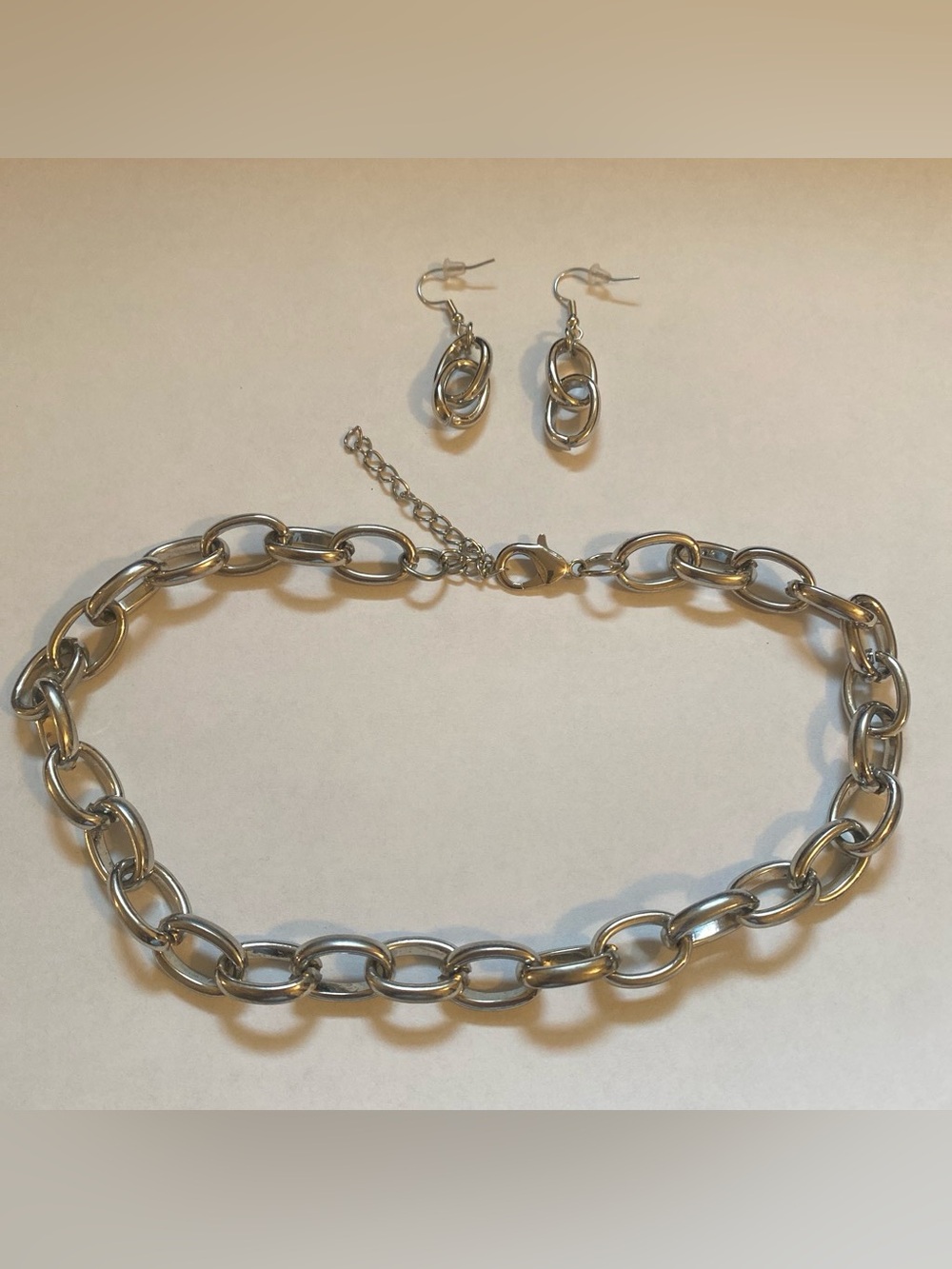 Silver tone  Chain Link Necklace and Drop Earrings Set